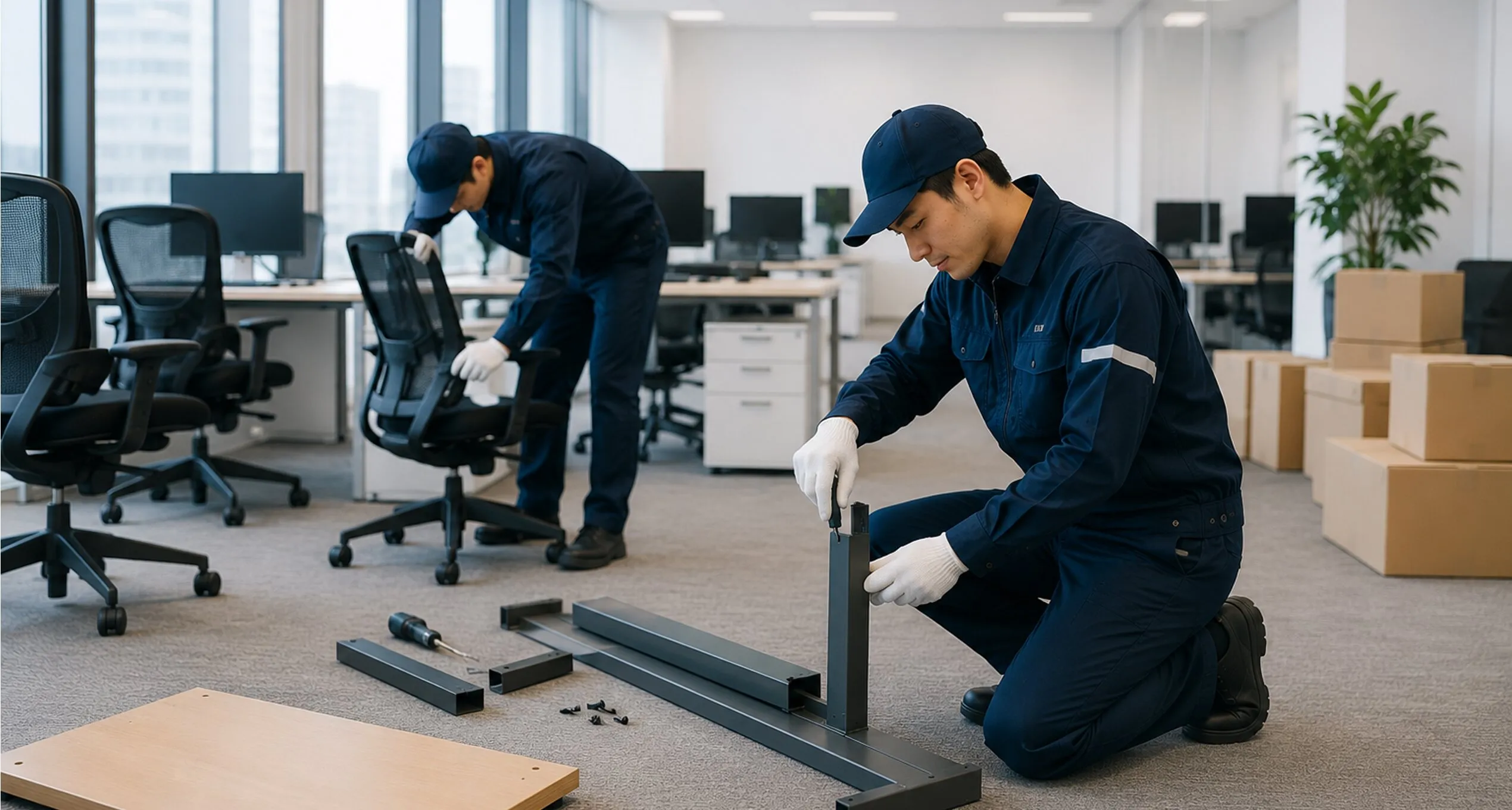 オフィス家具を組み立てるスタッフ